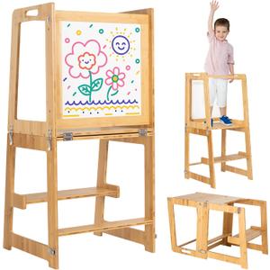 Toddler Tower - Toddler Stool for Kitchen - 3-in-1 Toddler Kitchen Step Stool - Foldable Toddler Tower Features: Tabletop, Step Stool Ladder, and Whiteboard with Included Markers and Dry Eraser (Natural Wood)