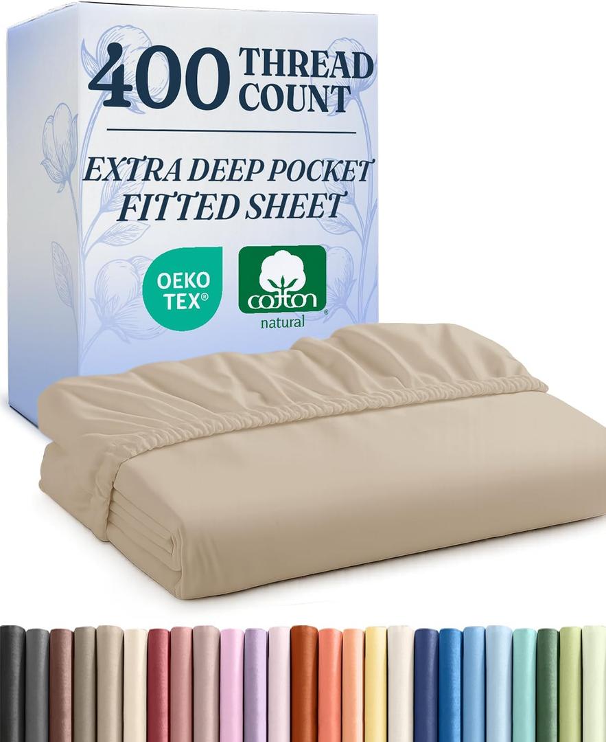 Extra Deep King 400 Thread Count Cotton Fitted Sheet - Hotel Luxury Single Fitted Sheet Only - Easily Fits 18" to 24" Mattress - Soft, Wrinkle Free, Breathable & Comfy Extra Deep Pockets Cream Fitted