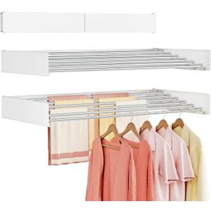 Wall Mounted Clothes Drying Rack Folding Indoor, Foldable Laundry Drying Rack Collapsible,Invisible, Space Saving, Retractable Towel Drying Rack, with Wall Template(6 Drying Rods, White 40")