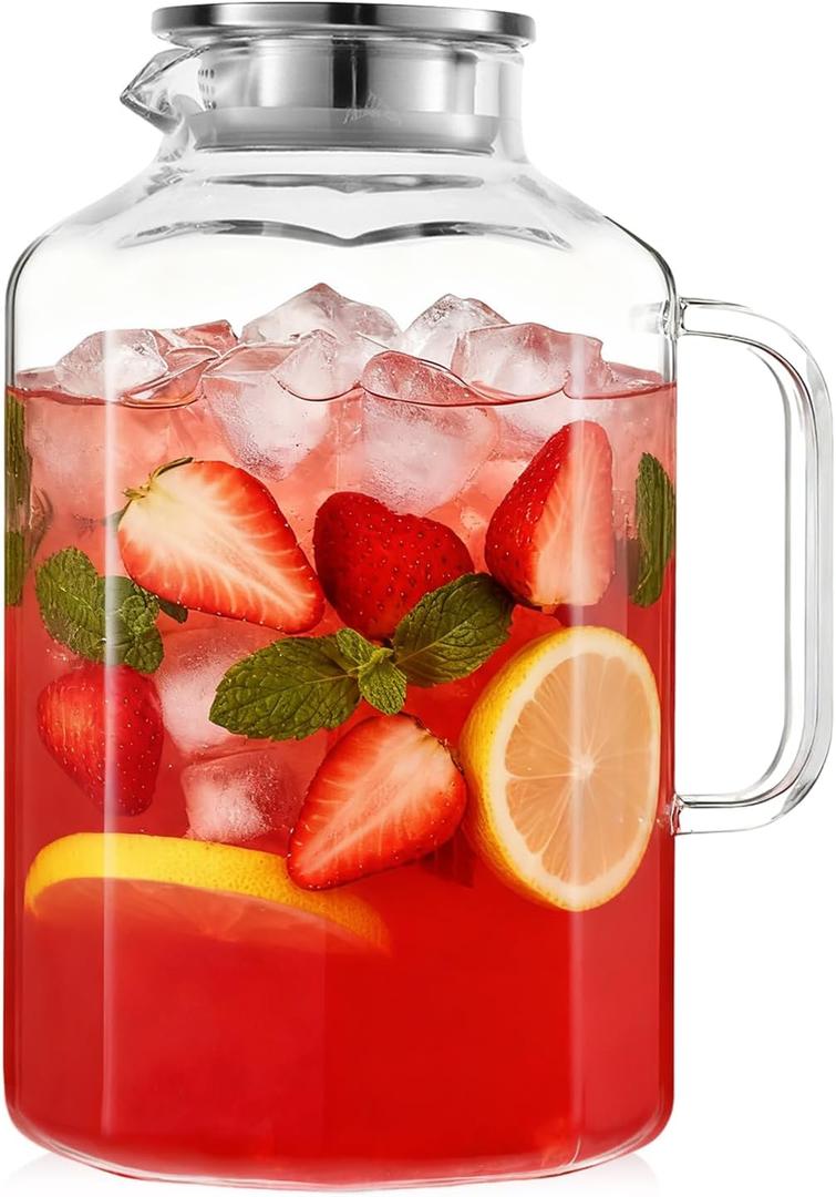 1 Gallon 128oz Octagon Glass Water Pitcher with Lid and Spout, Water Pitchers with Handle for Fridge, Borosilicate Glass Carafe for Hot/Cold Drink, Extra Large Jug for Iced Tea, Coffee.