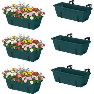 6 Pack Deck Railing Planter Boxes Outdoor Fence Planters with Drainage Holes, 17 Window Boxes Planters with Adjustable Metal Brackets for Garden, Balcony, Patio, Green