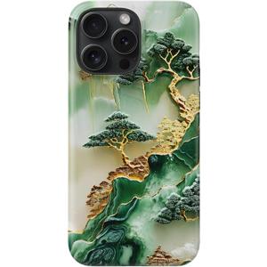 DorisMax for iPhone 16 Pro Case - Wireless Charging Compatible - Dual-Layer Hard Shell + Silicone Cover - Shockproof Protective Phone Case with Stylish Designs for Women - Gold Inlaid Jade Carving