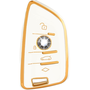 For BMW Key Fob Cover with Keychain for 2 5 6 7 Series X1 X2 X3 X5 X6 X7 Premium Soft TPU Key Fob Holder(Gold-White)