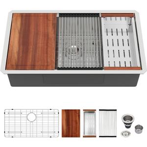 Logmey 30 Inch Undermount Kitchen Sink Workstation-30x19 16 Gauge T304 Stainless Steel Ledge Sink Single Bowl Under Counter Basin with Accessories
