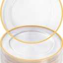 Goodluck 12 Inch Disposable Charger Plates Plastic, 100 Pack Plastic Clear Charger with Gold Rim, Gold Charger Plates for Dinner, Wedding, Party