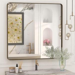 36x36 Square Bathroom Framed Mirror for Wall, Brushed Bronze Metal Bathroom Vanity Mirror, Rounded Rectangle Mirror, Anti-Rust, Tempered Shatterproof (Horizontal/Vertical)