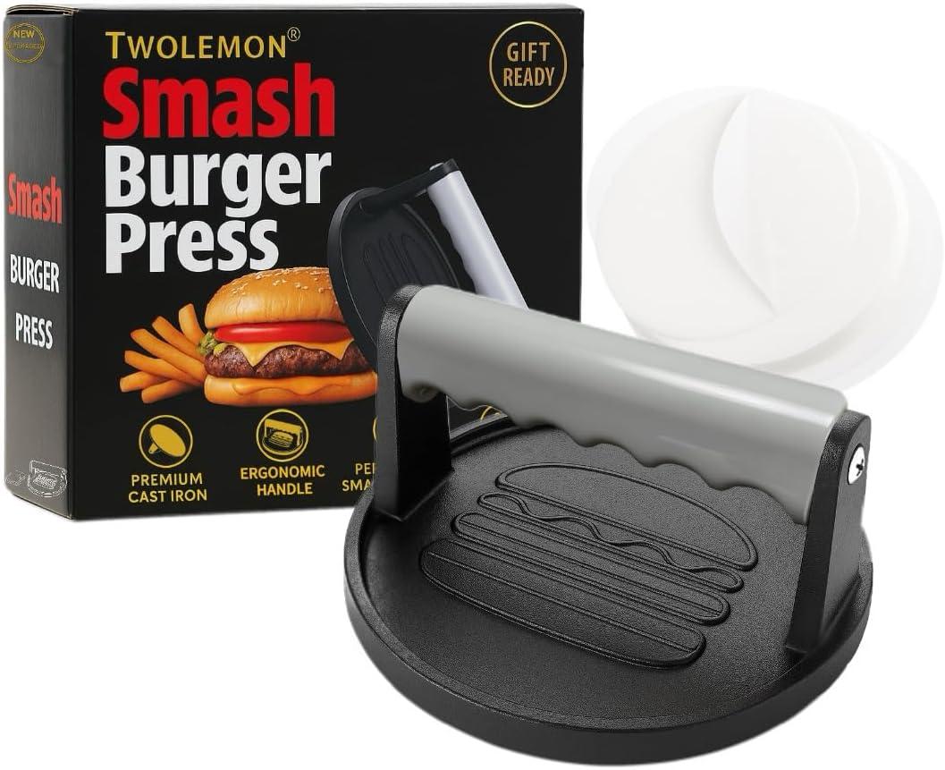 Smash Burger Press 6.7-Inch Round Cast Iron Grill Press with Ergonomic Silicone Handle  Heavy-Duty Bacon with Unique Burger Design for Even Grilling