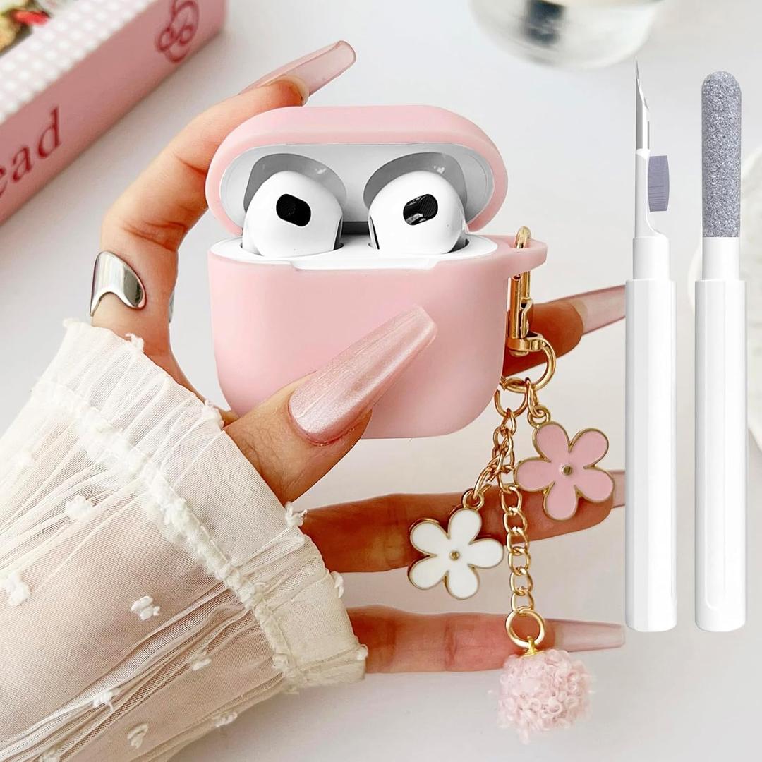 OTOPO Cute Pink Case for Airpods 3rd Generation Cover for Girl Women with Pom pom Flower Keychain & Cleaner Kit, Soft Silicone Protective Skin for Airpods 3rd Gen Case 2021, Pink
