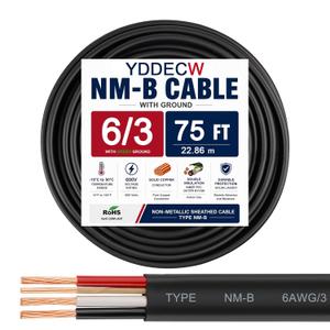 6/3 NM-B Wire with Ground - 75FT 6 Gauge Non-Metallic Sheathed Cable Pure Copper 6 AWG 3 Conductor Residential Indoor Wire for Outlets, Switches and Other Loads etc.