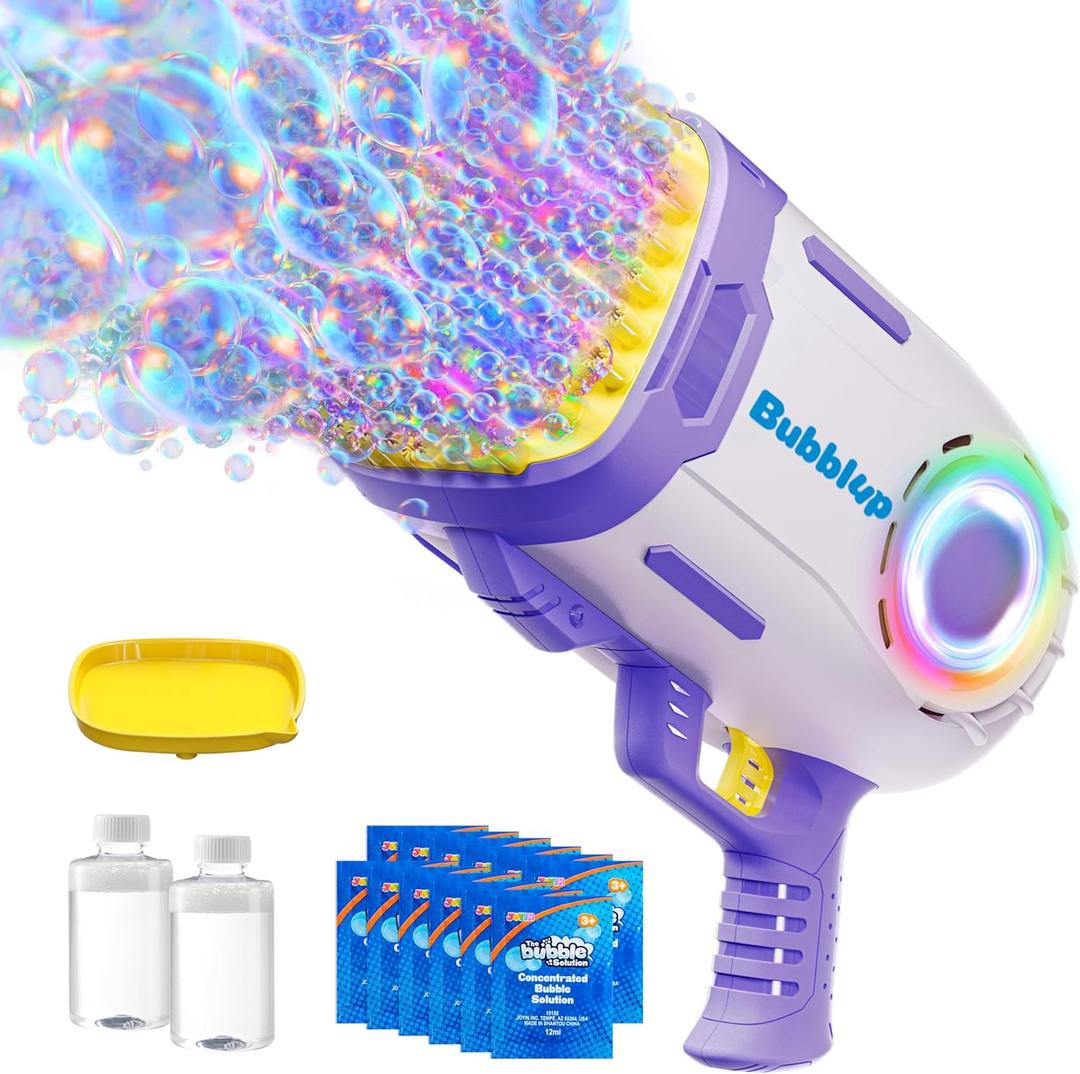 Play-Act Bubble Machine Guns, 69 Holes Bazooka Rocket Shape Bubble Gun for Kids Adults, Colored Lights Blaster Blower with Solution Outdoor, Summer Toys, Party Favors, Wedding, Easter-Purple
