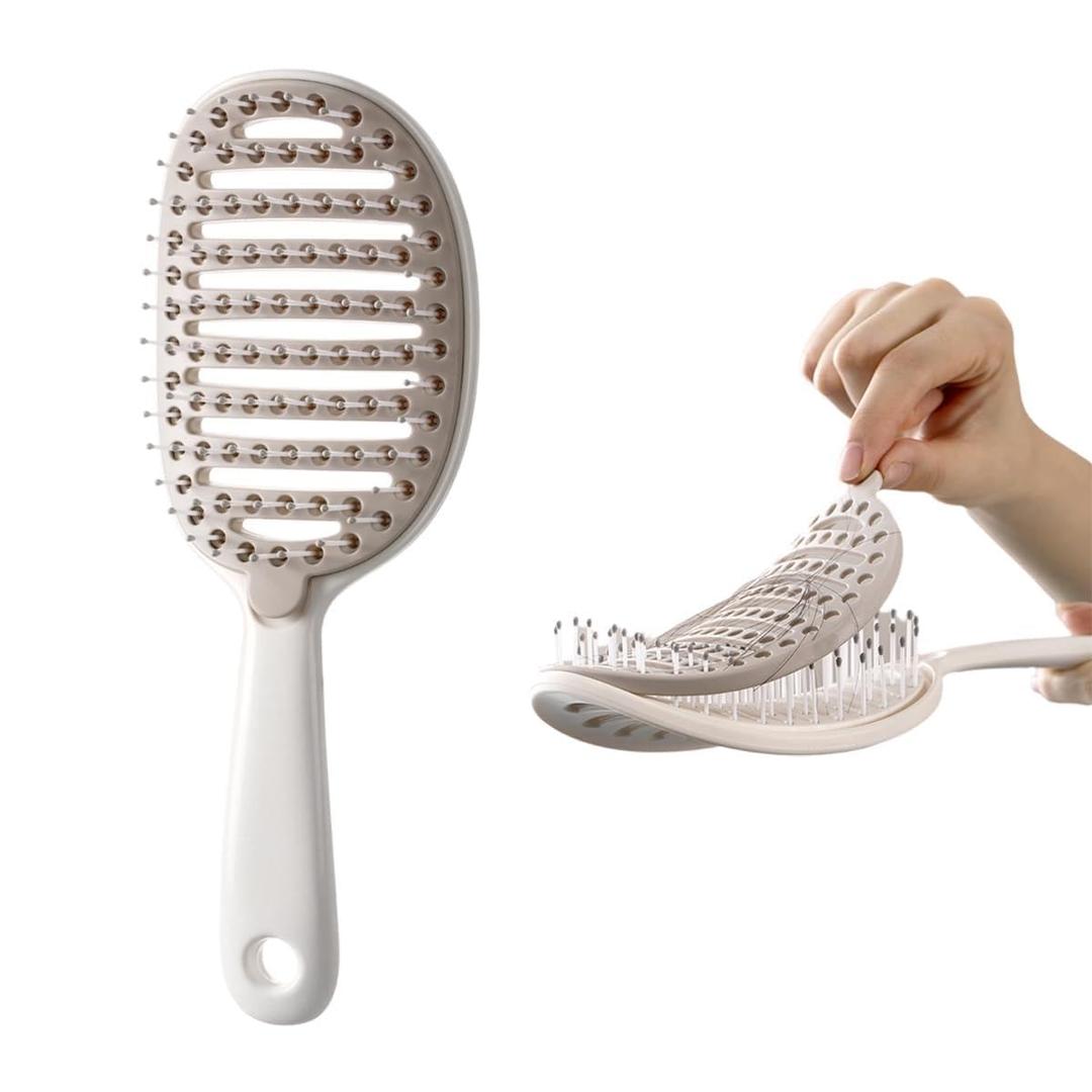 Self Cleaning Hair Brush, Easy Clean Detangling Brush, Curved Vented Detangler Brush for Faster Blow Drying for Women Men Kids, Wet & Dry Hair (White)