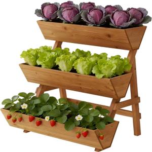 3-Tiers Wooden Raised Garden Bed Tiered Planter Box Flower Pots Vertical Garden Planter Wood Plant Stand for Vegetables Flowers Herbs for Patio, Balcony, Freestanding (Brown L), Large