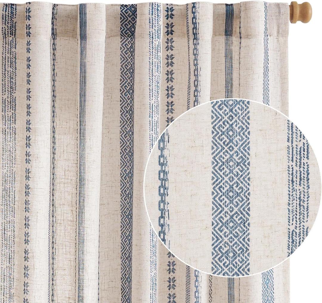 jinchan Linen Blend Boho Curtains for Living Room, 84 Inch Long Blue Printed on Beige Retro Farmhouse Bohemian Geometric Striped Drapes, Light Filtering Back Tab Curtains 2 Panels (50"W x 84"L (Pack of 2))