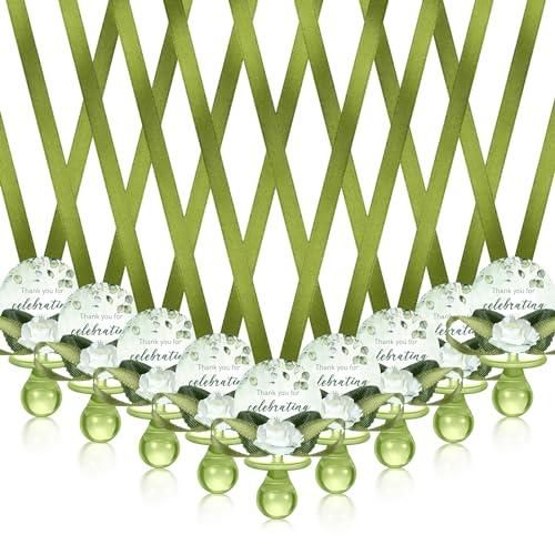 Coume 48 Pcs Sage Green Baby Shower Favors Acrylic Pacifier Necklace Thank You Gift Bulk with Cards for Guests Prizes Baby Shower Games Favors