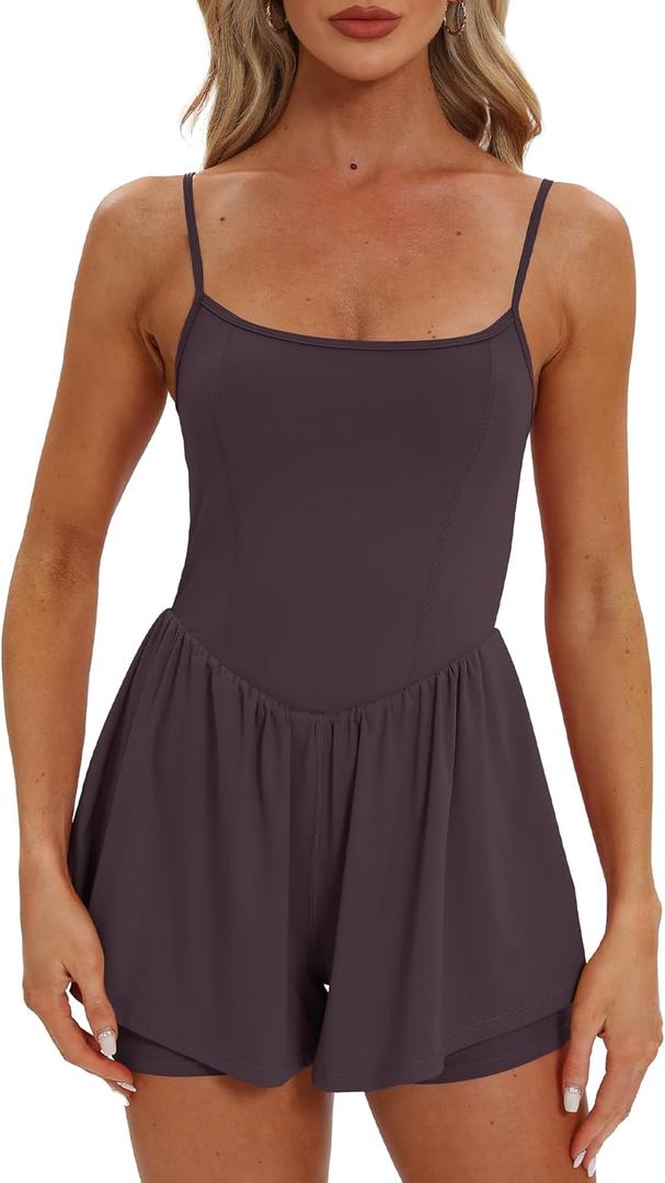 Beaully Women's Summer Sleeveless Rompers Spaghetti Strap Double Lined Shorts Jumpsuit One Piece Outfits (X-Large, Dark Purple)