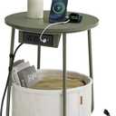 VASAGLE LILEA Collection - Side Table with Charging Station, Round End Table with Fabric Basket, Nightstand with USB Ports, for Living Room, Bedroom, Modern, Forest Green and Cream White ULET228C04