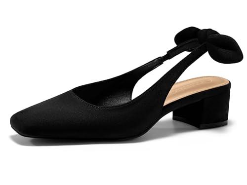 Coutgo Womens Chunky Low Heels Bow Slingback Pumps Closed Square Toe Wedding Party Dress Shoes, Black, Size 6