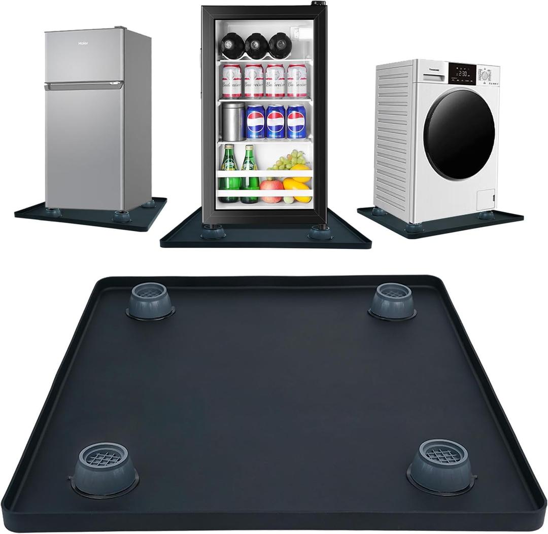 Mini Fridge Silicone Mat with 4 Base Raisers, 23.6"x23.6" Under Refrigerator Drip Pan Floor Protector - 0.8" Raised Edge Prevents Water Leaks & Floor Damage for Fridge, Washer, Dryer, Cooler