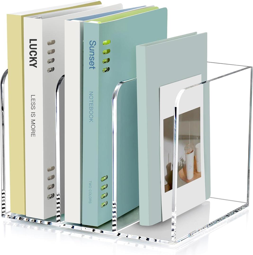 SANRUI Acrylic Magazine Holder Desk Organizer Workspace SortersClear Bookend File Sorter HolderFolder Rack, Office Accessories Organization Storage with 3 Vertical Compartments