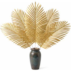 Giegxin 6 Pcs 55" Artificial Palm Leaves with Faux Stems Faux Large Palm Fronds Large Fake Tropical Plant Artificial Safari Leaves for Home Church Activities Religious Jungle Beach Party Decoration, Gold