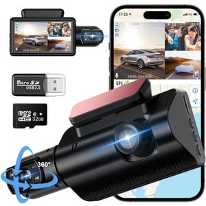 360° Camera for car Camera - Dash cam Front and Rear, Dashcam with 32G SD Card, 2 Channel 1440P + 1080P, 3"" LCD Super IR Night Vision, 24H Parking Mode, Loop Recording