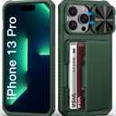 BXYJY for iPhone 13 Pro Case with Camera Cover, Card Holder (4-5 Cards), Military Grade Drop, RFID Block, Rugged Shockproof Heavy Duty Women Men Phone Case for iPhone 13 Pro, Green