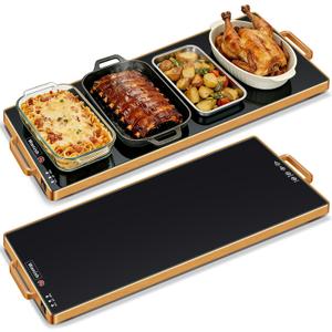Electric Warming Tray (L 32" x 12") Food Warmers for Parties Buffet with Thermostat & Full Surface Heating, Tempered Glass Warming Mat for Food, Temperature Adjustable Gold Handles Food Warming Mat