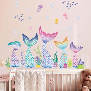 Baby Girls Mermaid Tail Wall Stickers - Under The Sea Marine Theme Wall Decals - Nursery Kids Room Daycare Bedroom Bathroom Wall Decor
