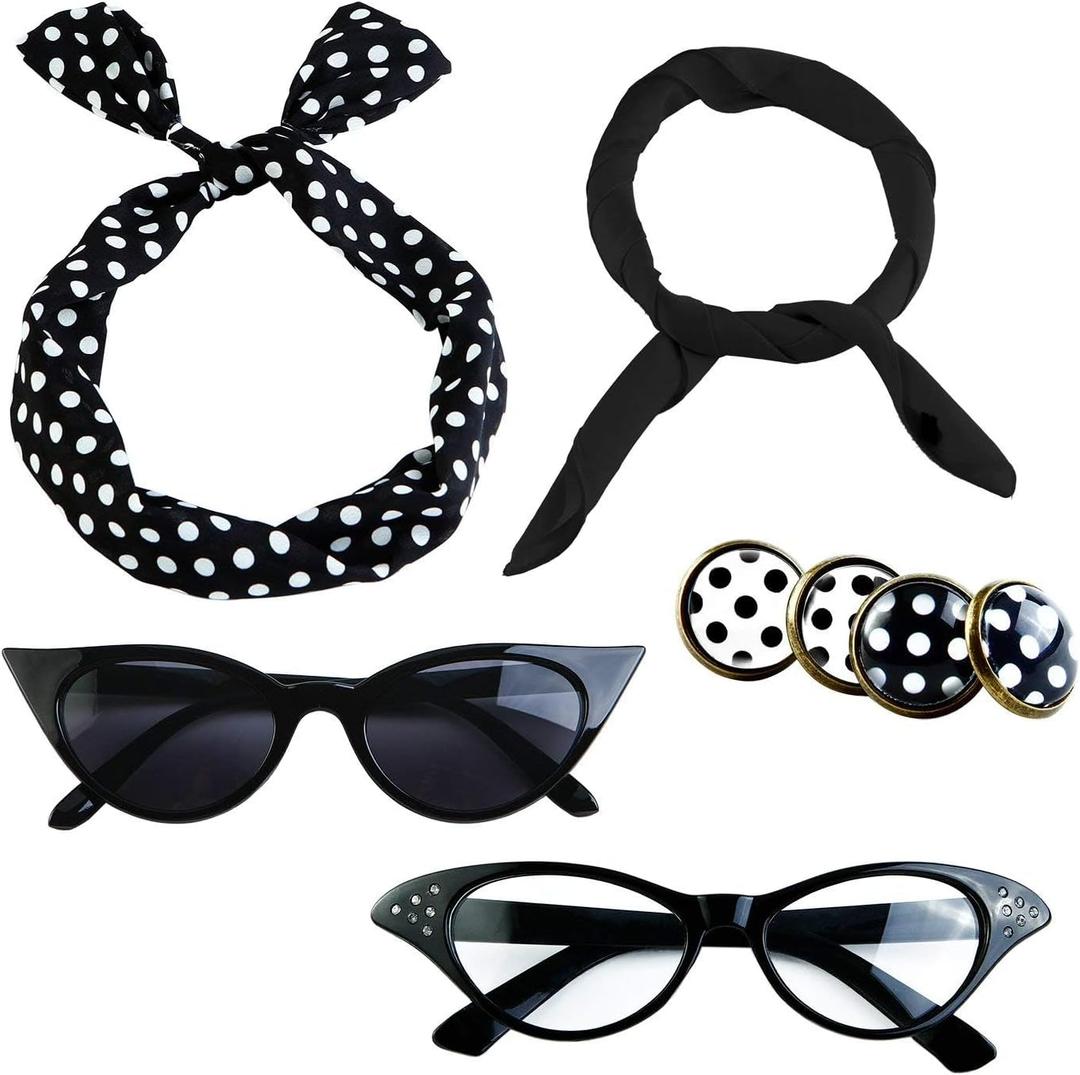 Aneco 6 Pack 50s Set Chiffon Scarf Cat Eye Glasses Bandana Tie Headband Earrings (Black)