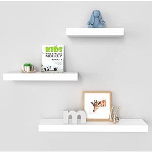 Ballucci Modern Floating Wall Shelves, Set of 3 Wood Wall Mount Ledges for Living Room, Bedroom, Nursery, Bathroom, Kitchen, Office; 12", 16", 24" - White