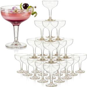 Zopeal 30 Pcs Plastic Champagne Tower Glasses, 5 oz Coupe Cocktail Cups for Party, Stackable Stemmed Margarita Glasses, Disposable Champagne Coupe for Wedding Birthday Bar(White,Gold Glitter)