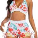 Womens High Waisted Swimsuits with Boy Shorts Brazilian Triangle Top Halter Bikini Tummy Control Two Piece Bathing Suits Tie Dye Floral, L