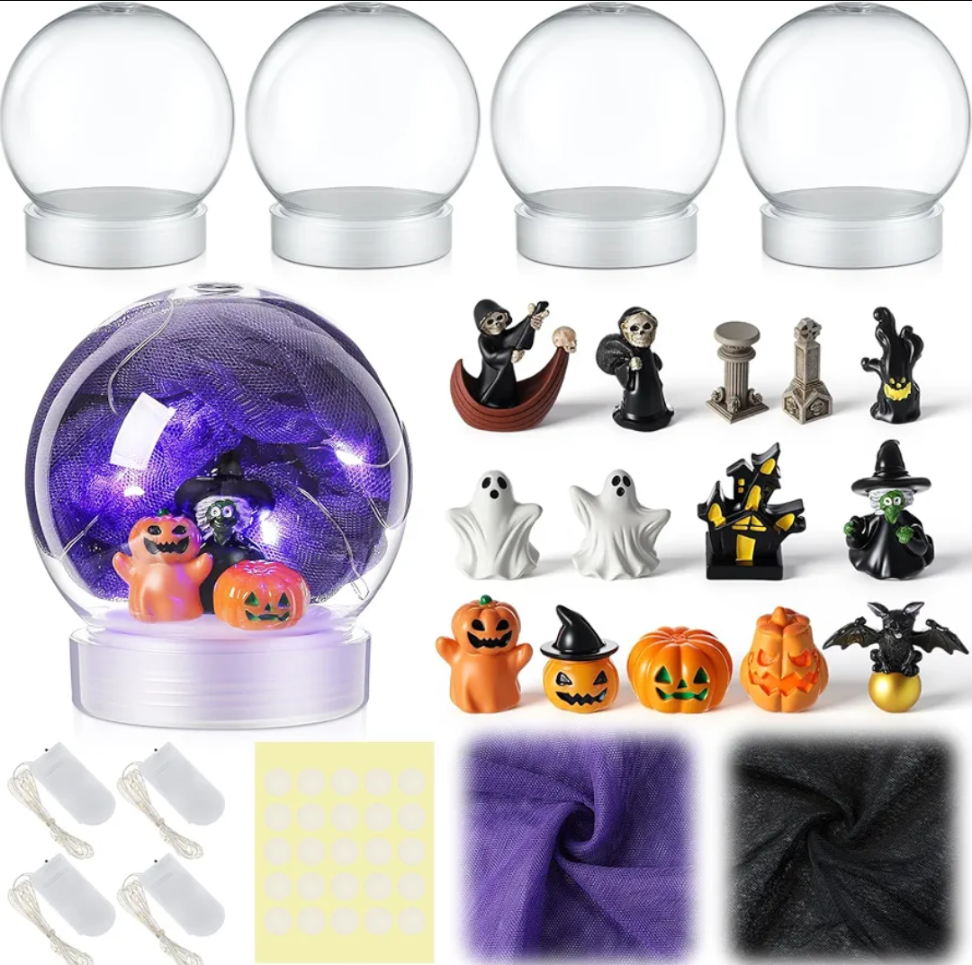 Qunclay 25 Pcs Halloween LED DIY Snow Globe Kit 4 Set Globes Making Kit with Accessories Glitter Pumpkin Witch Castle Bat Ghost Contains for Make Your Own Snow Globes Arts and Crafts Decoration