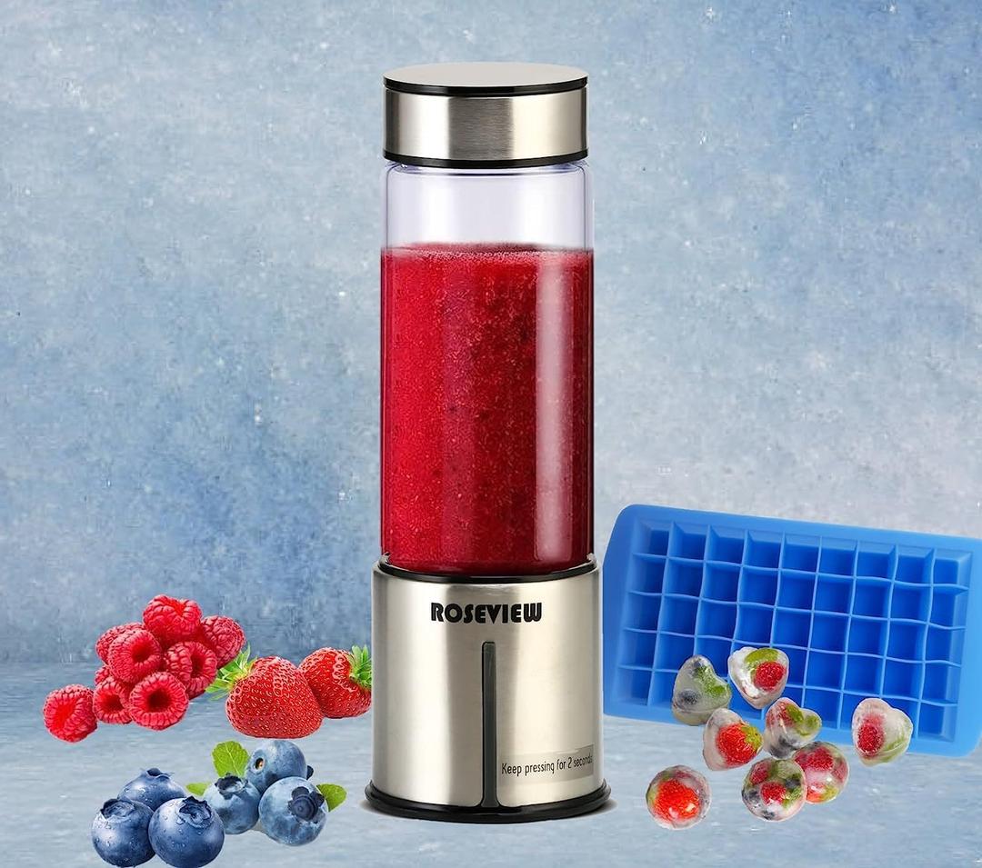 Portable Smoothie Blender Glass bottle Mini USB rechargeable 2 battery Handheld Shakes blend Cup USB juicer Cordless Personal smoothies maker mixer (Stainless Steel)