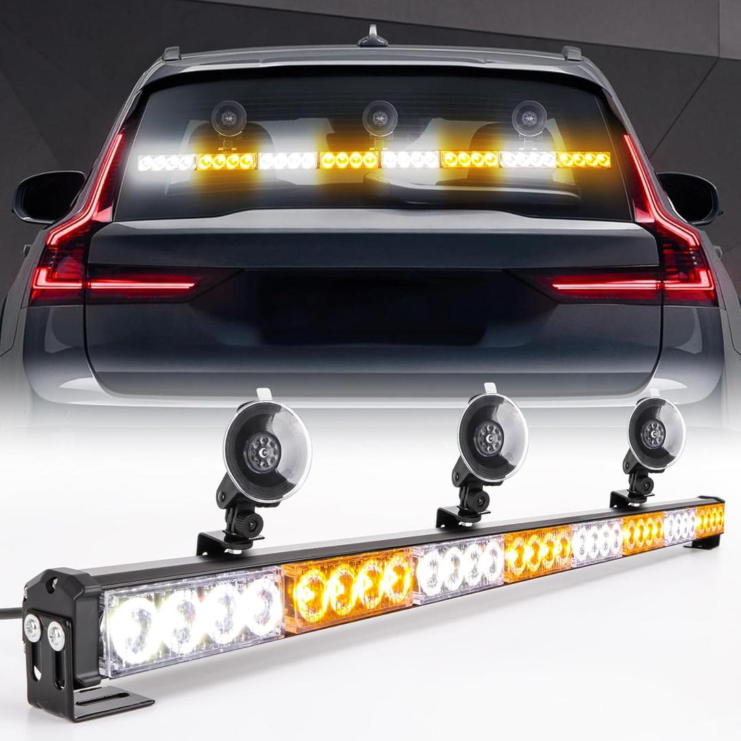 35.5 Inch Traffic Advisor Strobe Light Bar 32 LED Hazard Warning Emergency High Intensity Directional Flashing Safety Lightbar 13 Flashing Modes with Cigarette Lighter Suction Cup (Amber White)