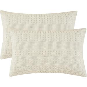 PHF 100% Cotton Waffle Pillow Shams Queen Size, 2 Pack 20" x 30" Soft Skin-Friendly Pillowcases, No Filling, Aesthetic Woven and Breathable Waffle Weave Pillow Case Covers for Bed, Ivory