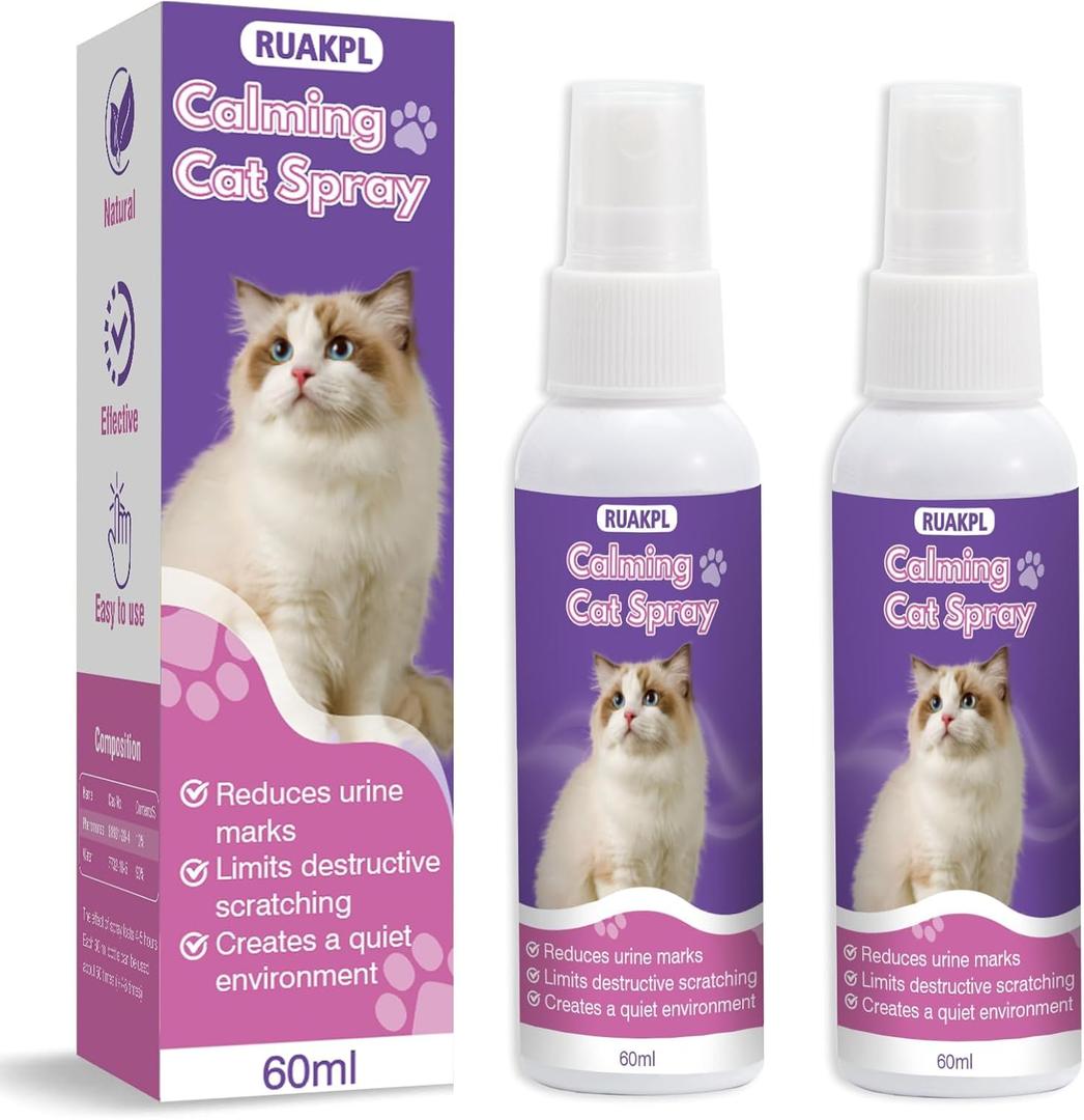 Cat Calming Spray 60 ML 2 Pack Calming Solution for Cats Cat Pheromone Spray Reduces Stress Anxiety Scratching Calming Spray for Cats Good for Home Travel
