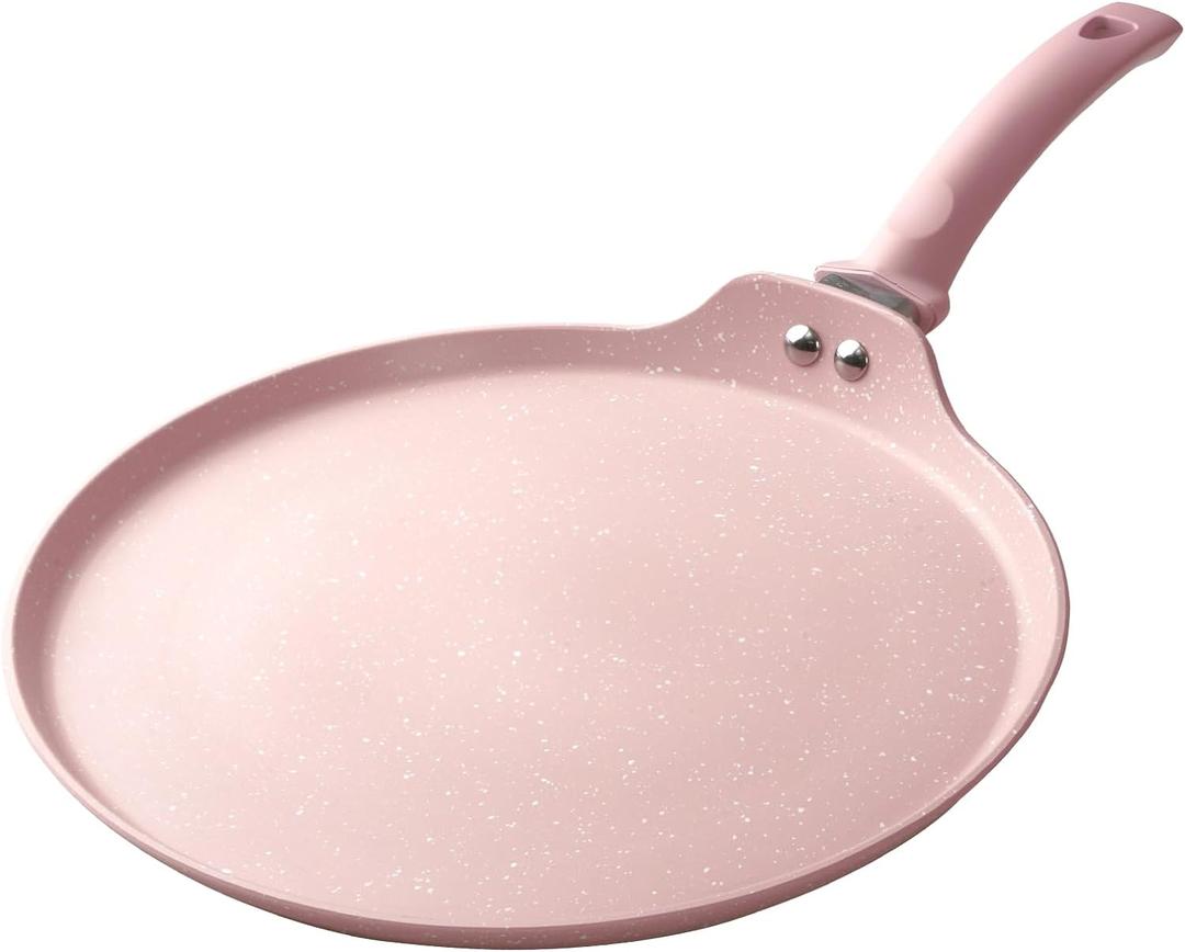Innerwell 11 inch Nonstick Crepe Pan, Granite Coating Flat Skillet Dosa Tawa Tortilla Pan, Pink Large Pancake Griddle Comal Pan, Compatible with All Stovetops, PFOA Free