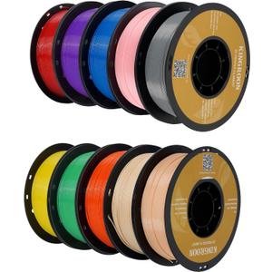Kingroon PLA 3D Printer Filament,10 Rolls,Dimensional Accuracy +/- 0.02 mm, 1 kg Spool(2.2lbs), 1.75 mmRed Blue Green Yellow Wood Orange Pink Purple Silver Skin