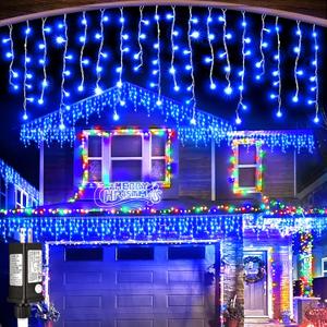 99ft Blue Christmas Lights Outdoor, 1216 LED Icicle Lights for Outside House with Clear Wire 8 Modes Timer, Plug in Waterproof for Home Holiday Eaves Yard Party Tree Room Wall Indoor Decoration