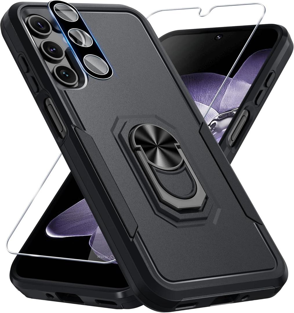 Janmitta Compatible with Samsung Galaxy A16 5G Case with Screen Protector+Camera Lens Protector,Heavy Duty Full Body Phone Cover Built in Ring Holder Kickstand,2025 Black Matte