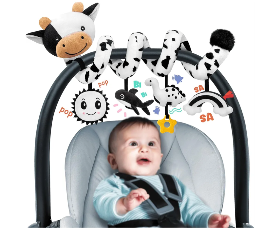 Spiral Car Seat Baby Toys 0-6 Months, Infant Carseat High Contrast Sensory Toys Hanging Stroller Accessories, Newborn Shower Gifts for Baby Boys Essentials Stuff, Cute Black and White Cow