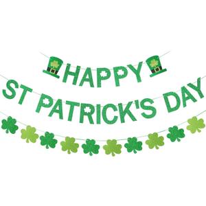 2 x Green Glitter Happy St Patricks Day Banner and Shamrock Garland, Saint Patricks Day Shamrock Clover Garland Banner Decorations for Happy Saint Patrick's Day Banner Decorations