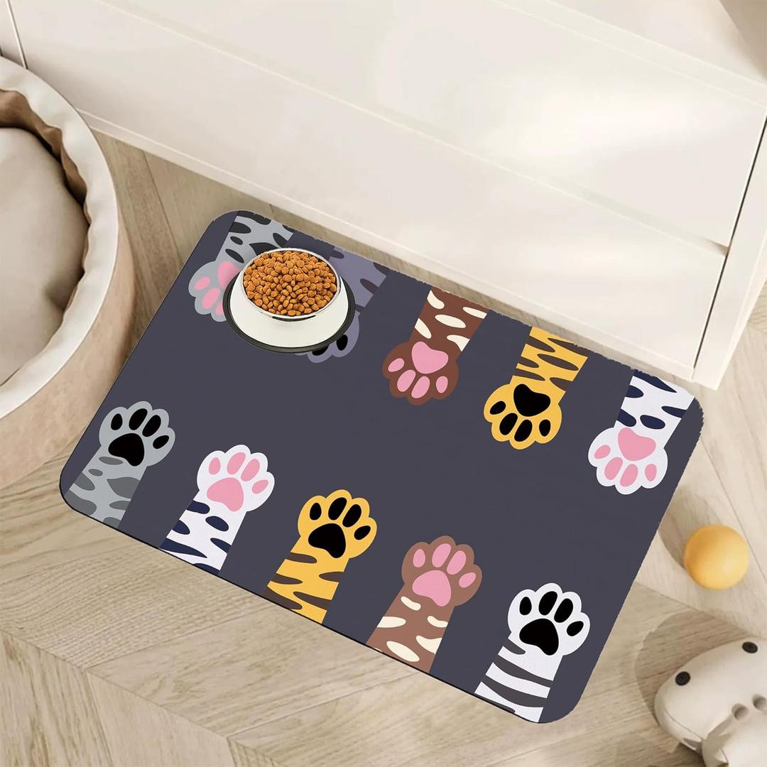 Cute Cat Paw Print Dog Food Mat for Floors,Absorbent Pet Food and Water Bowl Mats,Non-Slip Pet Feeding Mat,Pet Supplies 16" x 24",Cute Cat Paw Print