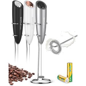 SIMPLETASTE Milk Frother Handheld Electric Foam Maker, Drink Mixer with Stainless Steel Whisk for Cappuccino, Bulletproof Coffee, Latte, Gray, with Stand, Battery Operated