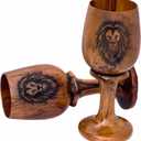 Handcrafted Wooden Goblet Set of 2 with Lion Logo Antique Brown Teak Wood Chalice Rustic Drinkware for Beer, Wine, Coffee & Home Decor