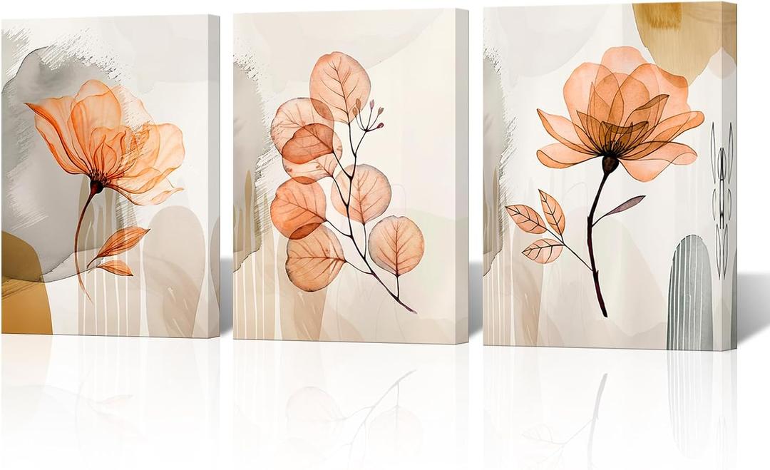 NutArtPic Flower Canvas Wall Art Orange Floral Pictures Minimalist Neutral Wildflower Painting Prints for Home Decor 12''x16''x3pcs