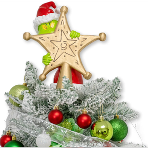 Decxmas 10 inch Christmas Tree Topper, Cute and Funny Christmas Thief Hiding Behind Gold Star Sculpted Tree Topper, HandPainted Unique Red Green Xmas Monster Decorations for Table Shelves Home Indoor