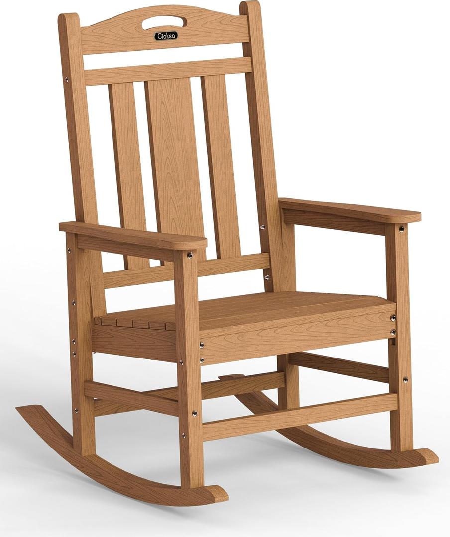 Ciokea Oversized Outdoor Rocking Chair, 380lbs Heavy-Duty Large Patio Rocker, Weather Resistant & Anti-Fade Porch Chair, High Back Cozy Rocking Chair for Outside, Fire Pit, Deck, Garden, Teak