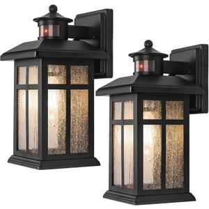 Motion Sensor Outdoor Wall Lights 2 Packs- Updated Dusk to Dawn Outdoor Lighting, Exterior Light Fixtures with E26 Sockets & Tempered Glass, Wall Mounted Black Waterproof Outdoor Lights for House